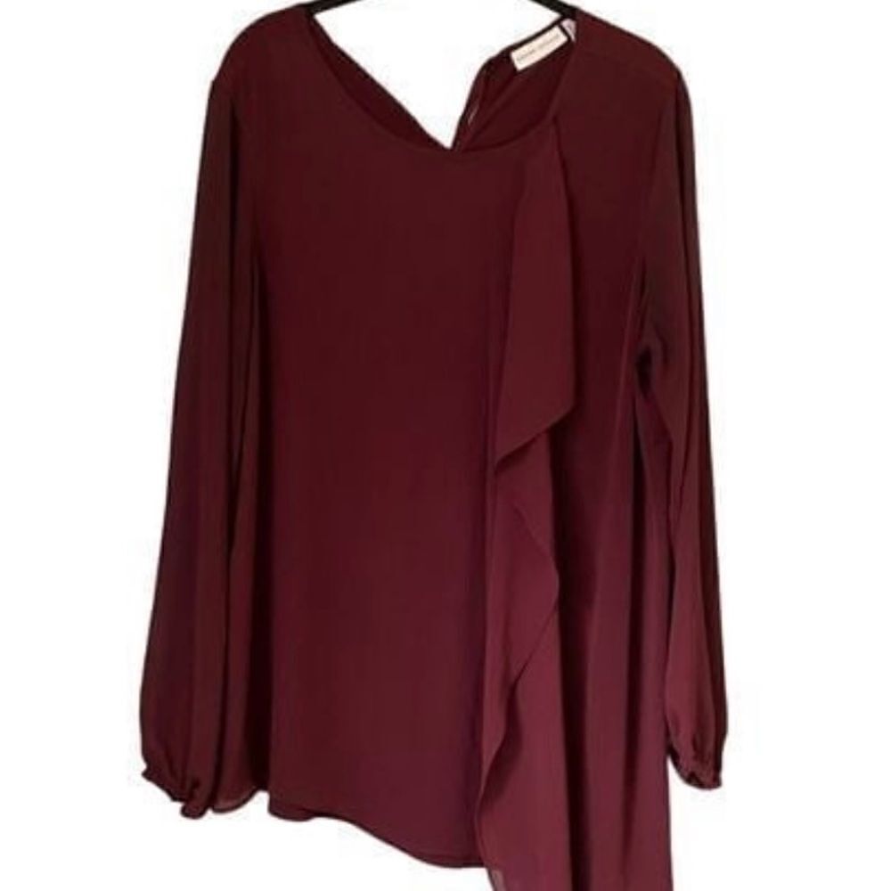 Susan Graver women’s sheer chiffon like overlay tie back asymmetrical blouse S/L